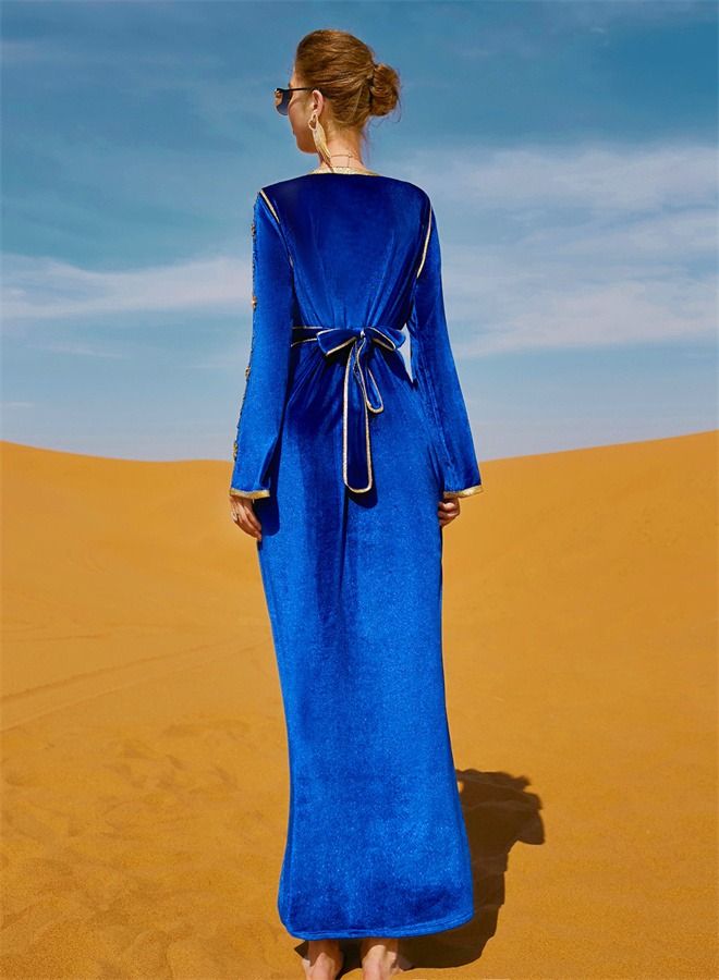 Loquat Hand-Stitched Diamond Dress Abaya Blue  - Image 3