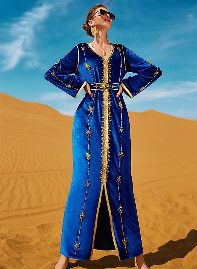 Loquat Hand-Stitched Diamond Dress Abaya Blue  - Image 2