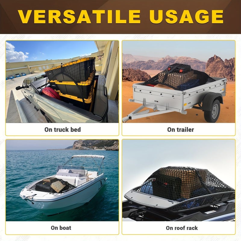 Black Cargo Net for Pickup Truck Bed 4x4 Feet Stretch to 7x7 Feet Highly Elastic Truck Bed Net Organizer for Camping Trip Luggage Compatible With Trailer Ford - Image 3