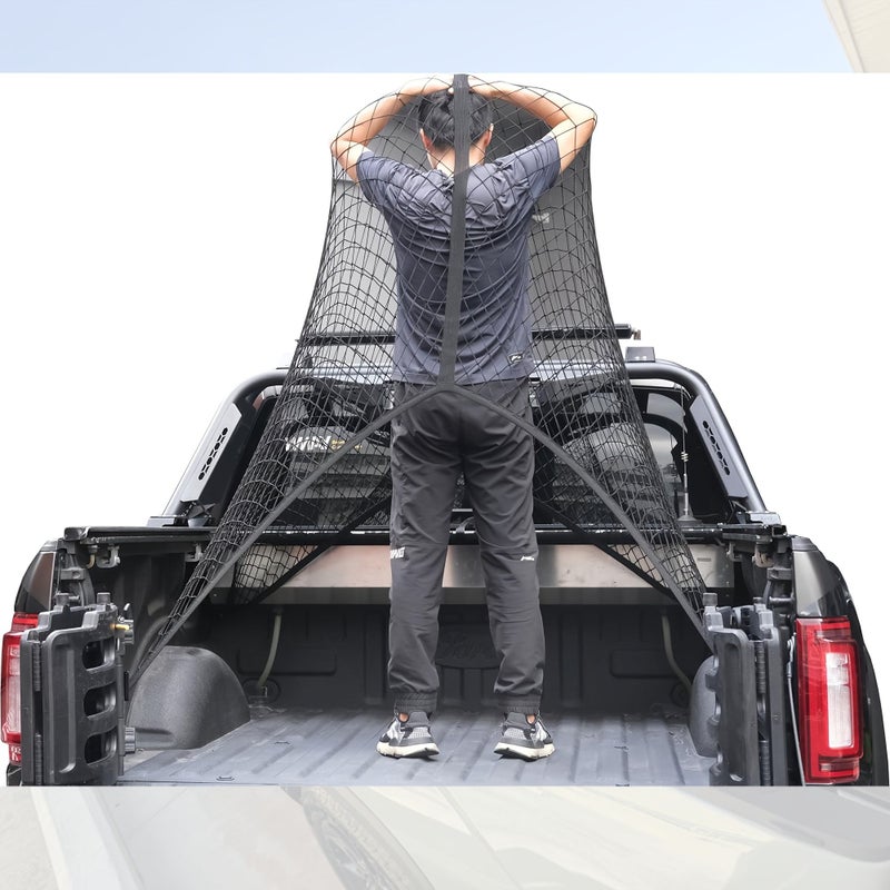 Black Cargo Net for Pickup Truck Bed 4x4 Feet Stretch to 7x7 Feet Highly Elastic Truck Bed Net Organizer for Camping Trip Luggage Compatible With Trailer Ford - Image 1