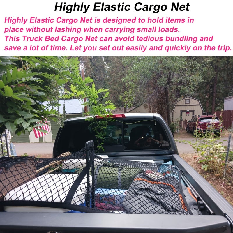 Black Cargo Net for Pickup Truck Bed 4x4 Feet Stretch to 7x7 Feet Highly Elastic Truck Bed Net Organizer for Camping Trip Luggage Compatible With Trailer Ford - Image 4