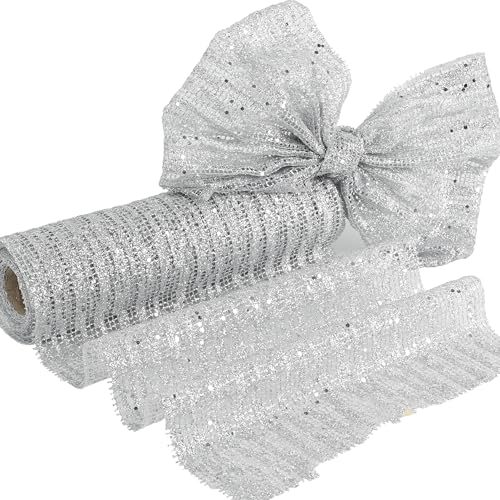 HUIHUANG Silver Glitter Christmas Tree Ribbon 10 Inch Wide Mesh Fabric 10 Yards for Tree Decorations Garlands Large Bows Box Wrapping - Image 1