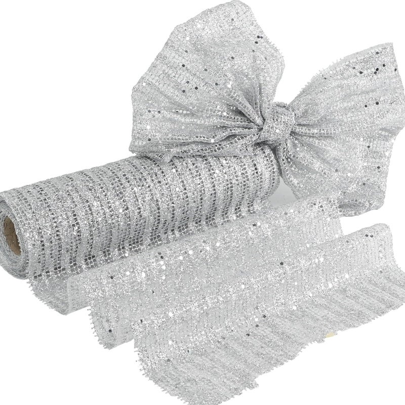HUIHUANG Silver Glitter Christmas Tree Ribbon 10 Inch Wide Mesh Fabric 10 Yards for Tree Decorations Garlands Large Bows Box Wrapping - Image 3