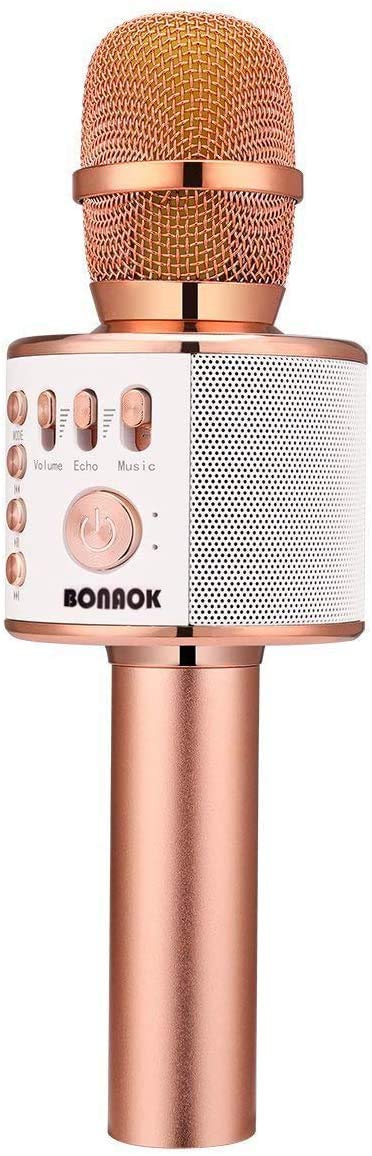 BONAOK ميكروفون كاريوكي لاسلكي بلوتوث BONAOK، 3 في 1 ميكروفون محمول يدوي مكبر صوت آلة حفلات منزلية عيد ميلاد لجميع الهواتف الذكية PC (Q37 وردي ذهبي) - Image 1