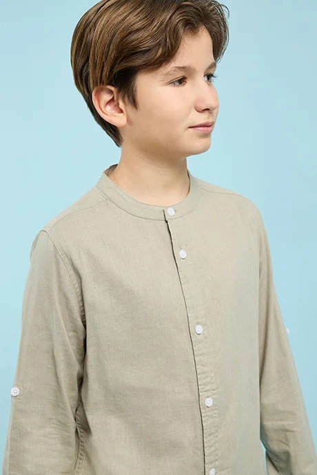 أر أند بي Solid Shirt with Mandarin Collar and Long Sleeves