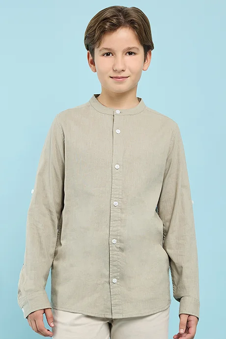 أر أند بي Solid Shirt with Mandarin Collar and Long Sleeves