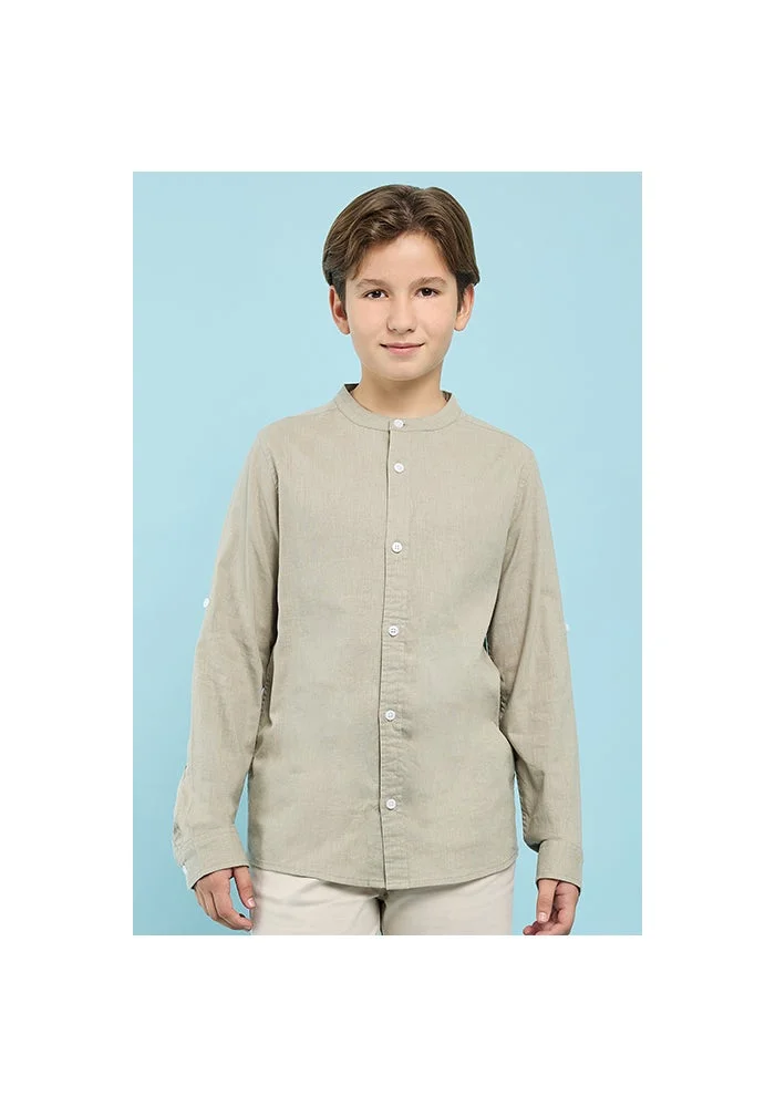 R&b Solid Shirt with Mandarin Collar and Long Sleeves
