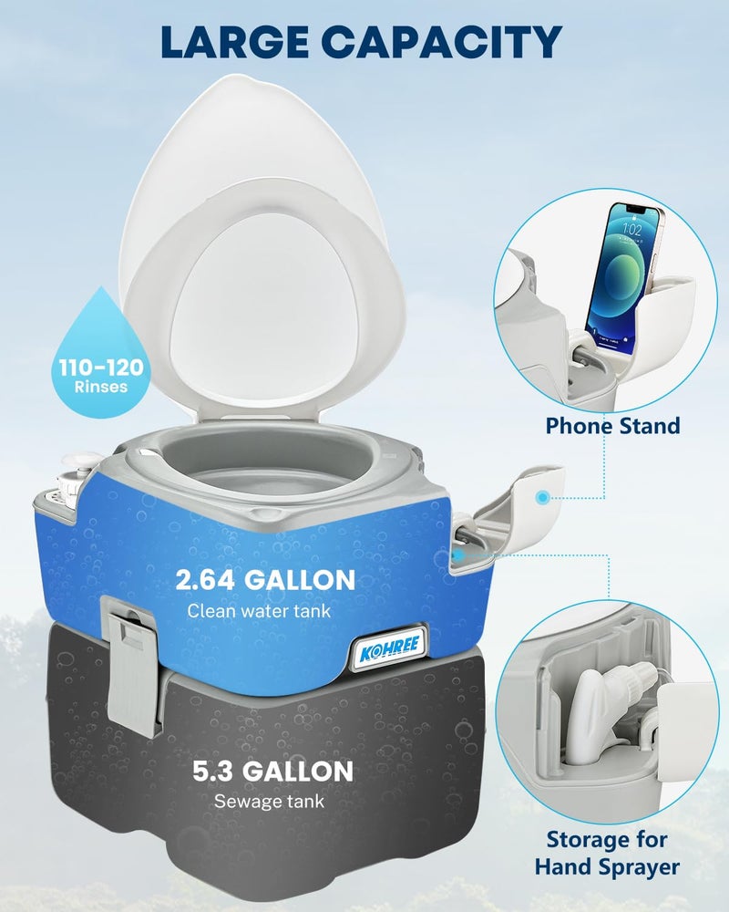 Kohree Camping Toilet Portable 5.3 Gal: 20L Porta Potty for Adults with Diagonal Elongated Bowl Seat - Handle Flush Pump Leak-Proof Cassette Toilet for RV Trailer Trucker Boat Marine Home Use - Image 3