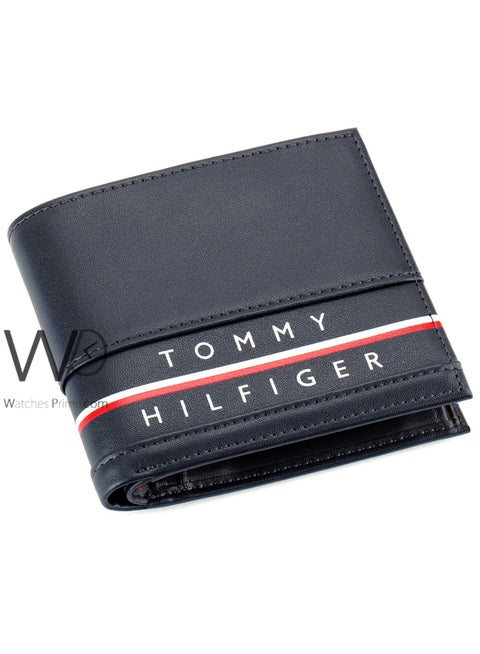 محفظة تومي هيلفيغر أصلية للرجال من الجلد الطبيعي باللون الأزرق الداكن