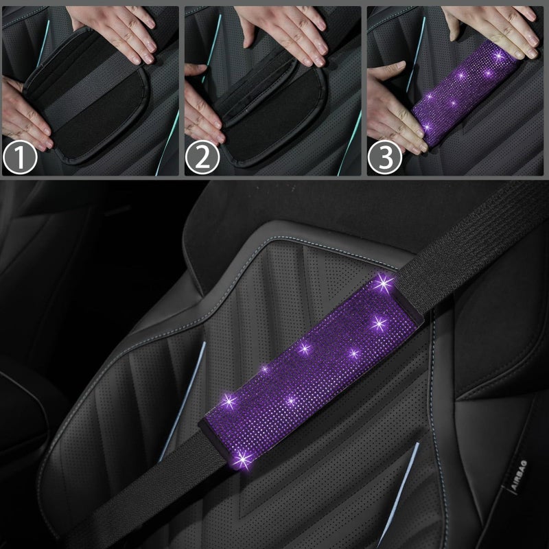 NBTEPEM 30 Pcs Purple Bling Car Accessories Set for Women, Purple Steering Wheel Cover Set, Bling Console Cover, Seat Belt Cushion, Shift Knob Cushion, Cup Coaster, Rhinestone Car Hanging Accessories - Image 5