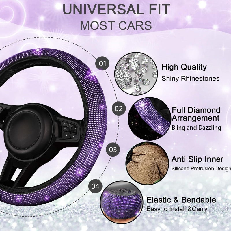 NBTEPEM 30 Pcs Purple Bling Car Accessories Set for Women, Purple Steering Wheel Cover Set, Bling Console Cover, Seat Belt Cushion, Shift Knob Cushion, Cup Coaster, Rhinestone Car Hanging Accessories - Image 2