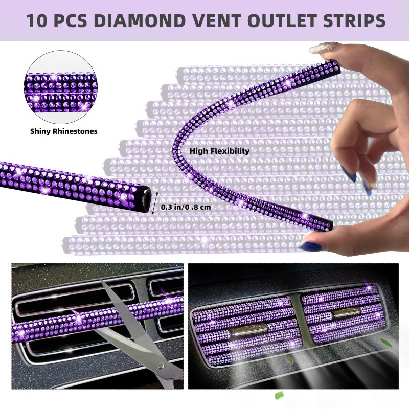NBTEPEM 30 Pcs Purple Bling Car Accessories Set for Women, Purple Steering Wheel Cover Set, Bling Console Cover, Seat Belt Cushion, Shift Knob Cushion, Cup Coaster, Rhinestone Car Hanging Accessories - Image 3