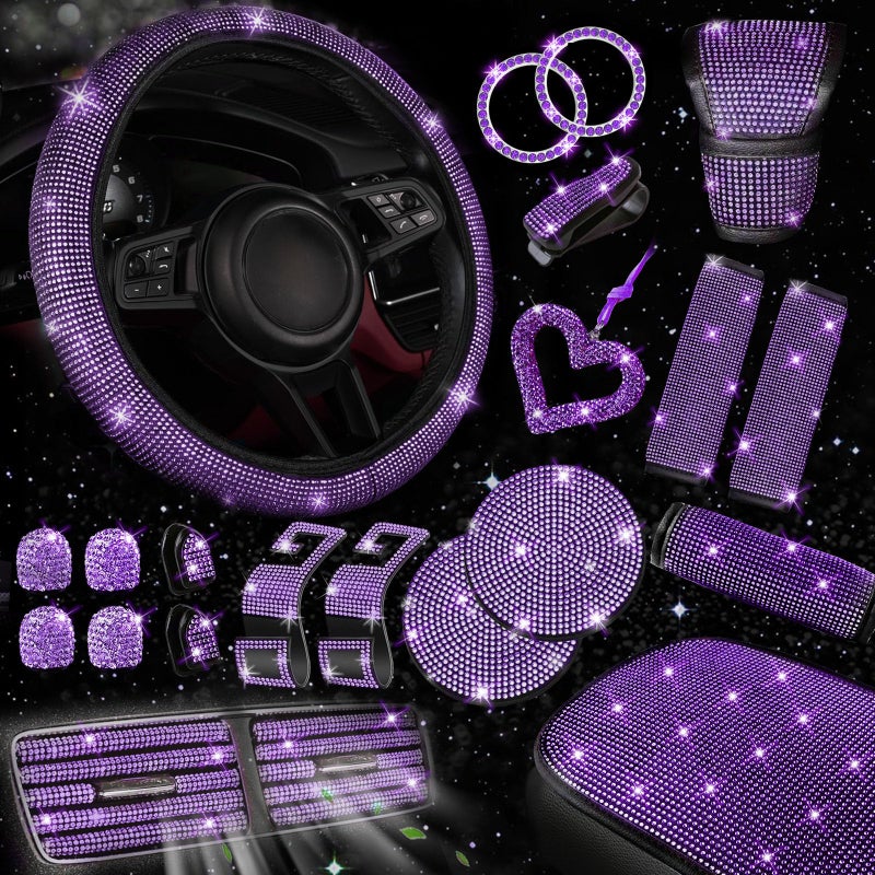 NBTEPEM 30 Pcs Purple Bling Car Accessories Set for Women, Purple Steering Wheel Cover Set, Bling Console Cover, Seat Belt Cushion, Shift Knob Cushion, Cup Coaster, Rhinestone Car Hanging Accessories - Image 1