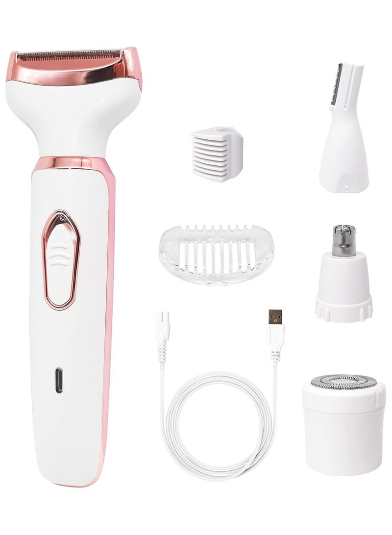 ماكينة إزالة الشعر 4 في 1 للنساء – ماكينة حلاقة كهربائية لإزالة الشعر من الوجه، الساقين، الأنف وتحت الإبط، ماكينة حلاقة بيكيني محمولة للاستخدام الجاف والرطب، رأس قابل للفصل، لاسلكية – أبيض - Image 1