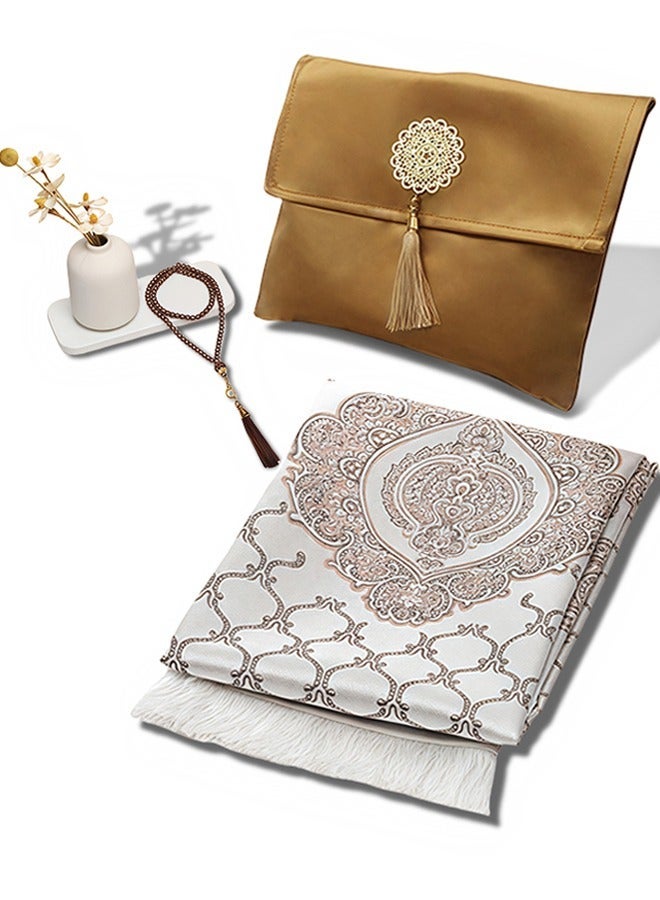 3PCS PRAYER MAT SET, BEAUTIFUL PRAYER MAT, WITH POUCH AND TASBIH, PREMIUM QUALITY SKIN FRIENDLY MATERIEL, FOLDABLE PRAYER CARPET MAT, IDEAL FOR HOME, TRAVELLING, AT OFFICE, AT WORK, FOR RAMADAN, EID ETC, BEST GIFT IDEA PRAYER(GOLD)
