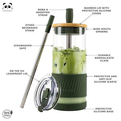Pandaloo® Glass Cups With Lids and Straws -20 Fl Oz- Perfect Size Iced Coffee Cup - Smoothie Cup With Bamboo Lid and On the go Lid - Glass Tumbler With Straw (1 Count (Pack of 1), Mediterranean Olive) - Image 2