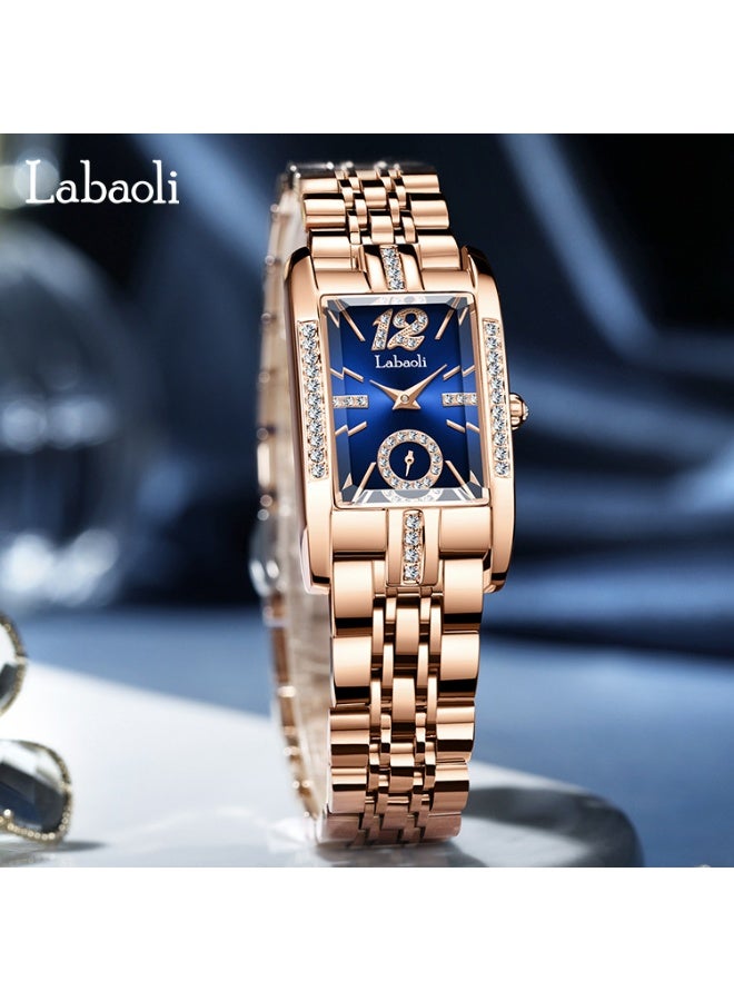 Labaoli Rose Gold Rectangle Women's Watch with Blue Dial & Diamond Accents - Luxury Dress Watch for Elegant Women