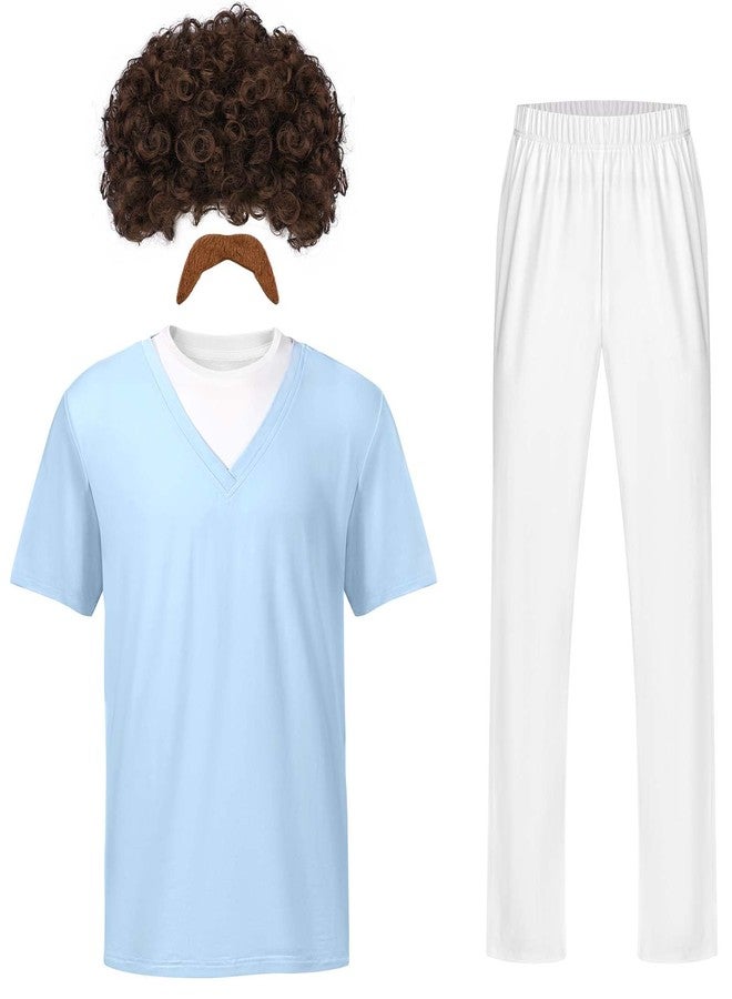 JcHrmers Halloween Mexican Wrestler Outfit Set Set Include Brown Mustache Curly Wig White Pants Blue Short T-shirt (L) - Image 1