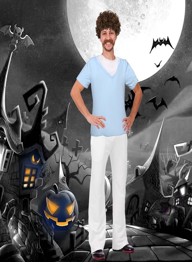 JcHrmers Halloween Mexican Wrestler Outfit Set Set Include Brown Mustache Curly Wig White Pants Blue Short T-shirt (L) - Image 4