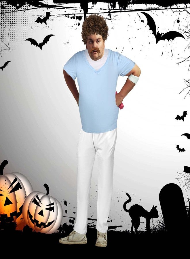 JcHrmers Halloween Mexican Wrestler Outfit Set Set Include Brown Mustache Curly Wig White Pants Blue Short T-shirt (L) - Image 3