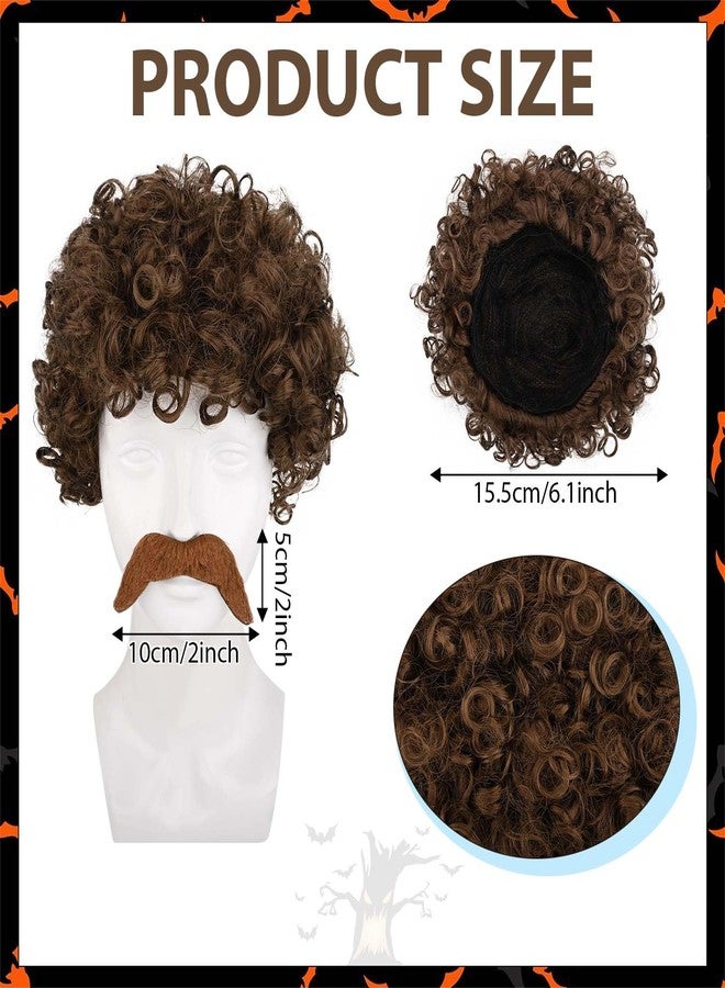 JcHrmers Halloween Mexican Wrestler Outfit Set Set Include Brown Mustache Curly Wig White Pants Blue Short T-shirt (L) - Image 2