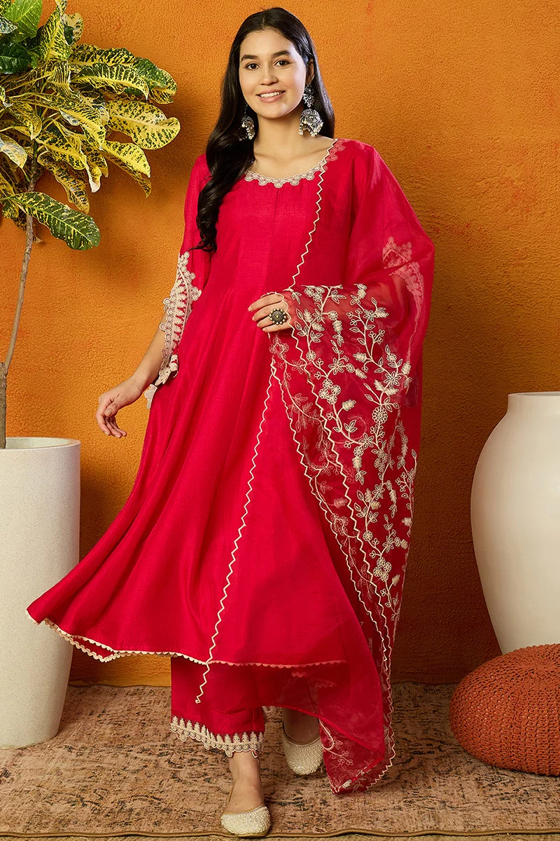 Fuchsia Pink Silk Blend Solid Embroidered Flared Set