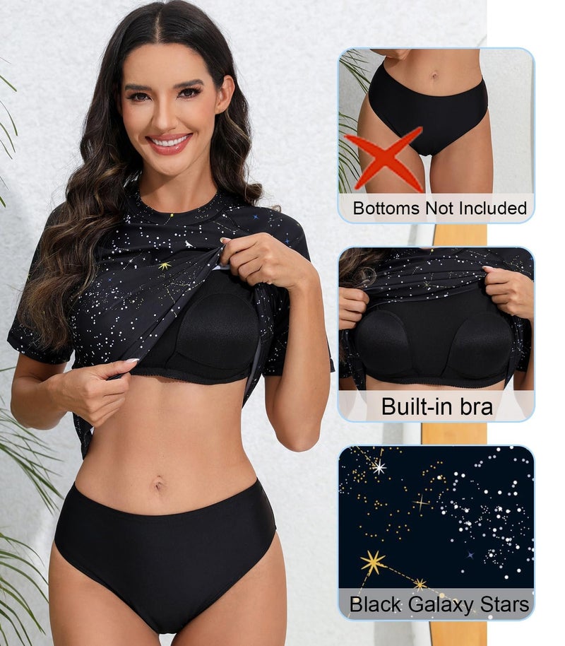 Halcurt Women's Short Sleeve Rash Guard Swimsuit Top with Built in Bra Swim Shirt UPF50+ Quick Dry Bathing Suit Black Galaxy Stars S - Image 3