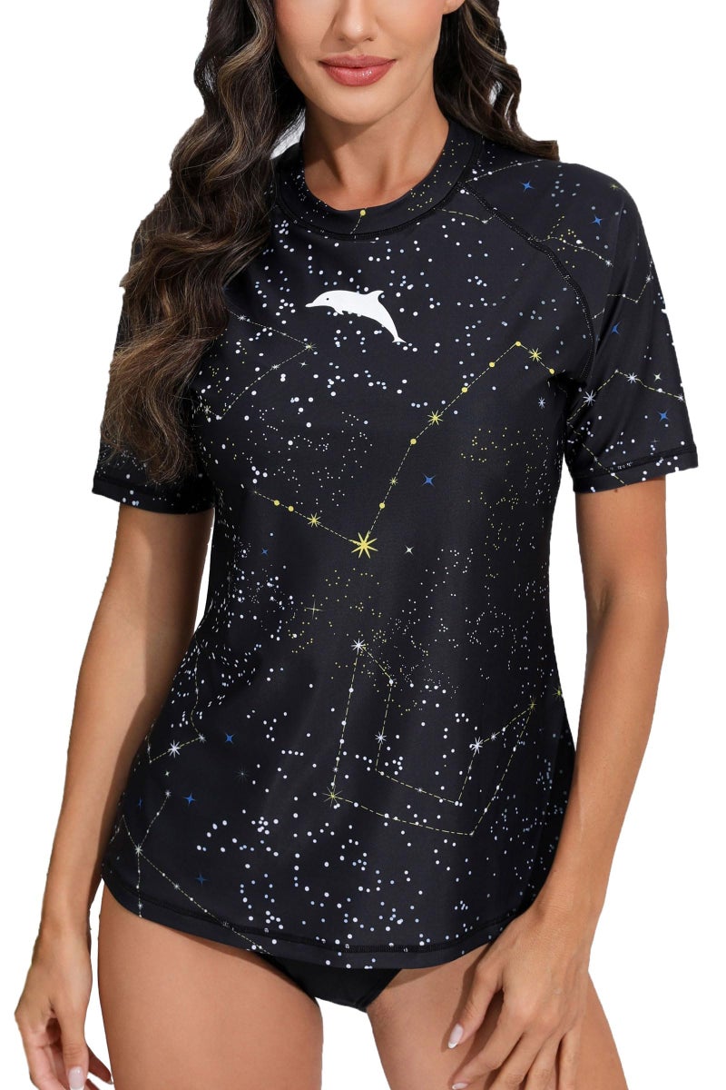 Halcurt Women's Short Sleeve Rash Guard Swimsuit Top with Built in Bra Swim Shirt UPF50+ Quick Dry Bathing Suit Black Galaxy Stars S - Image 1