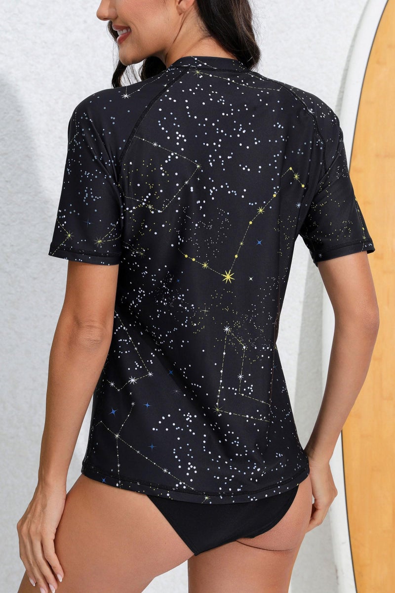 Halcurt Women's Short Sleeve Rash Guard Swimsuit Top with Built in Bra Swim Shirt UPF50+ Quick Dry Bathing Suit Black Galaxy Stars S - Image 4