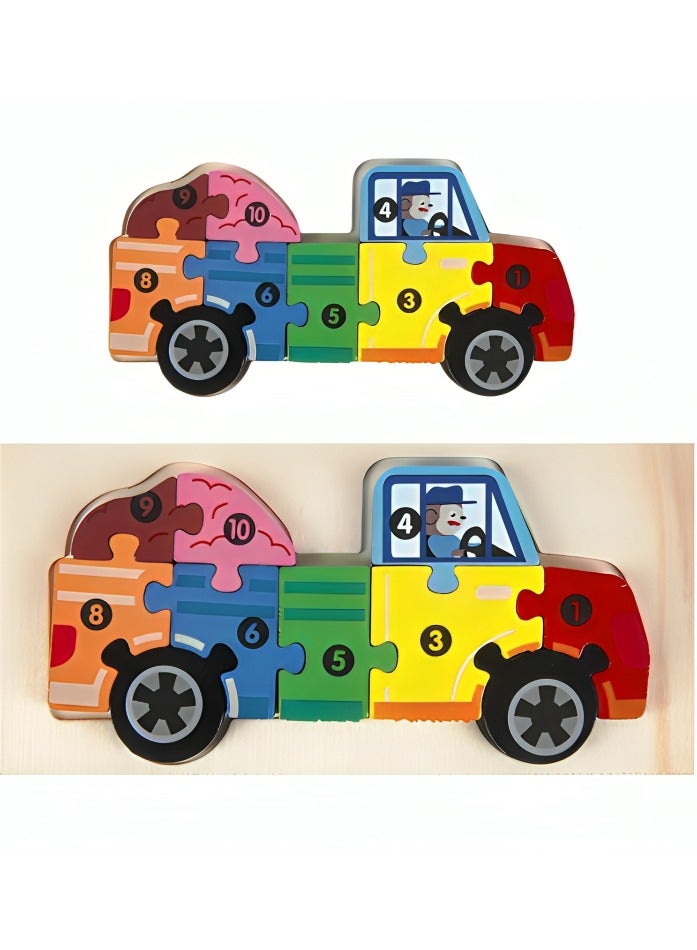 Colorful Wooden 3D Puzzles, Shape Design with Numbers, Teacher Parents Early Learning Support Tools, Attractive Patterns, Montessori Fine Motor Skill Develop Toys, Ideal Kids Gift (Vehicle Shape) - Image 1