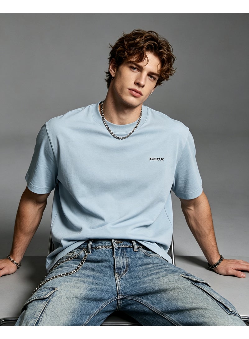 GEOX Unisex Crew Neck Short Sleeve T‑Shirt, Modern Urban Everyday Top For Men Women, Light Blue - Image 2