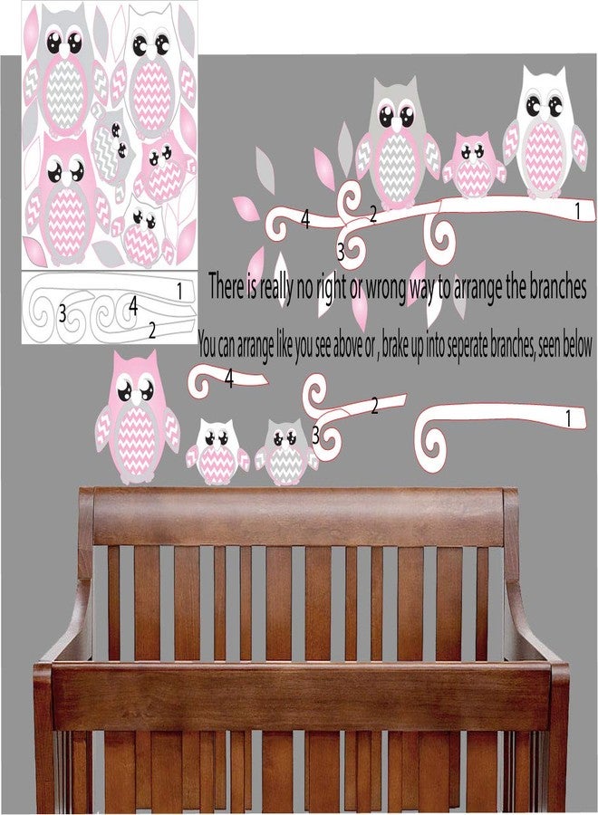 Presto Wall Decals ملصقات جدارية على شكل بومة وردية اللون، ديكور جداري لغرفة الأطفال (ملصقات جدارية على شكل بومة رمادية ووردية اللون) - Image 3