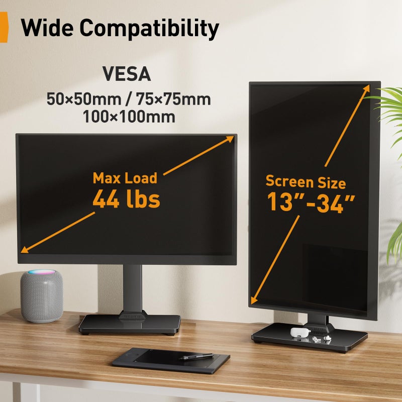 Perlegear Monitor Stand, Freestanding Monitor Mount for 13-34 inch Screens with 360 Degree Rotation, 5 Height Settings, Adjustable Desk Riser with Swivel and Tilt, Max VESA 100x100mm, PGTVS29 - Image 2