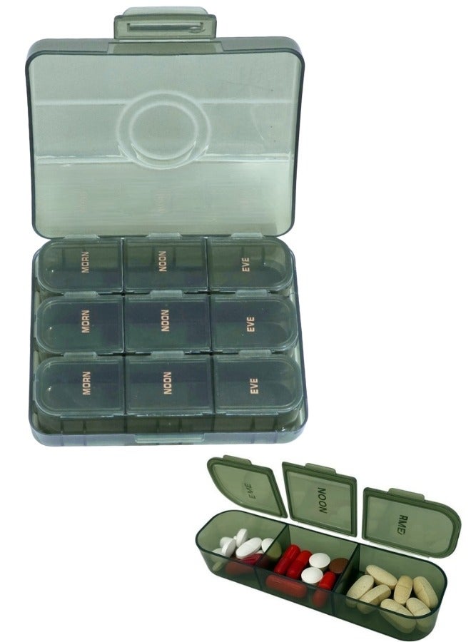 Pill Organizer, 9 Large Compartments, Daily Splitter with 3 Reminders (MORN- NOON - EVE), Moisture Resistant, Fish Oil, Vitamins, Supplements - Green - Image 1
