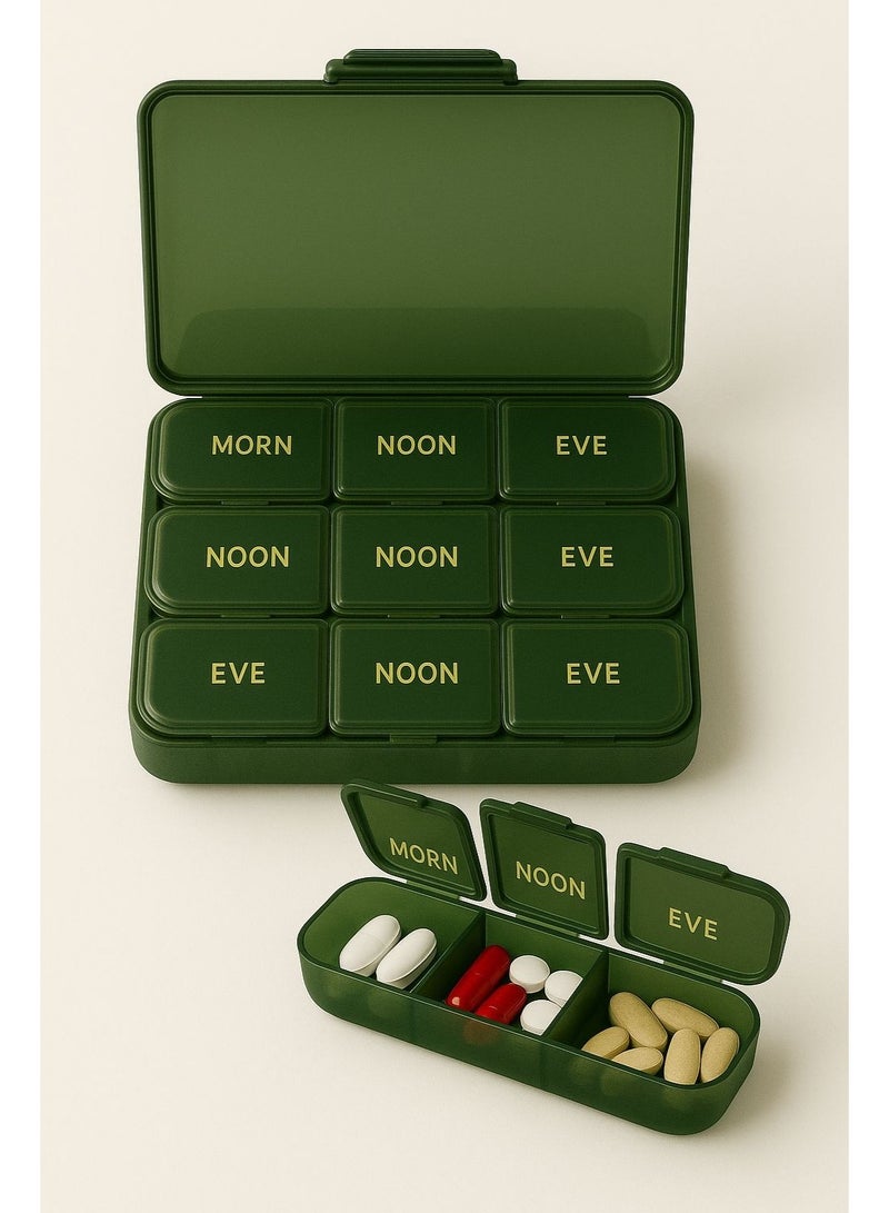 Pill Organizer, 9 Large Compartments, Daily Splitter with 3 Reminders (MORN- NOON - EVE), Moisture Resistant, Fish Oil, Vitamins, Supplements - Green - Image 5