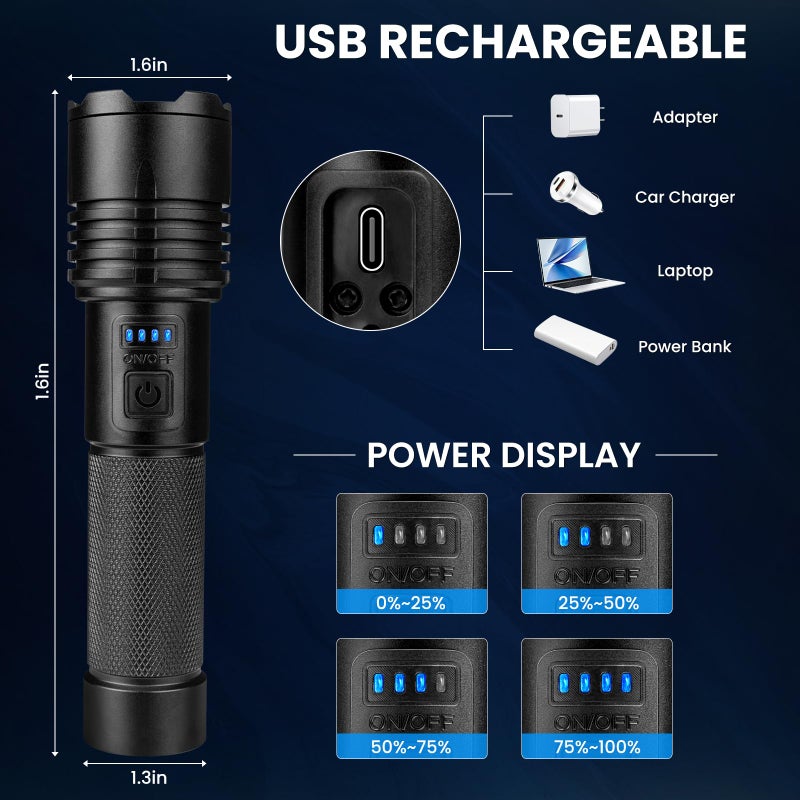 crazybrace Rechargeable Led Flashlights High Lumens 3Pack, 99000 Lumen Super Bright Flash Light with 3 Modes & Adjustable 2 Beam, Brightest Waterproof Flashlight 15H Long Runtime for Hiking Camping - Image 5