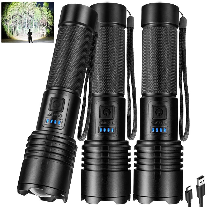 crazybrace Rechargeable Led Flashlights High Lumens 3Pack, 99000 Lumen Super Bright Flash Light with 3 Modes & Adjustable 2 Beam, Brightest Waterproof Flashlight 15H Long Runtime for Hiking Camping - Image 1