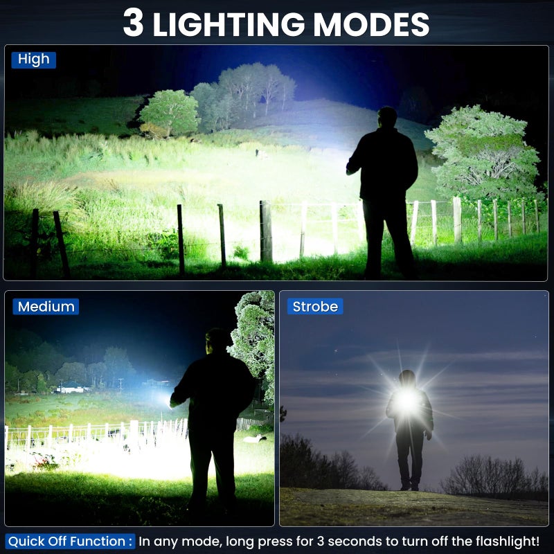 crazybrace Rechargeable Led Flashlights High Lumens 3Pack, 99000 Lumen Super Bright Flash Light with 3 Modes & Adjustable 2 Beam, Brightest Waterproof Flashlight 15H Long Runtime for Hiking Camping - Image 3