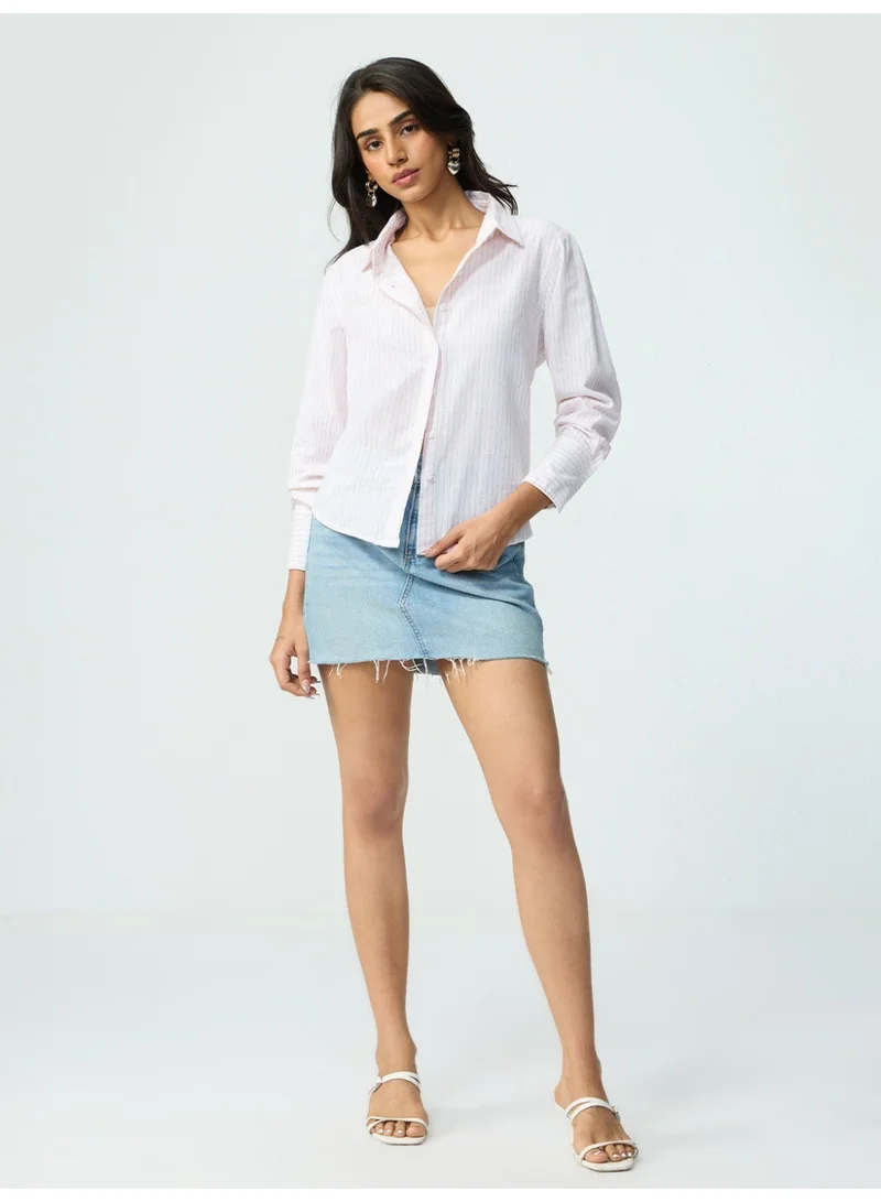 ذا سوليد ستور The Souled Store Classic Line: Cotton Linen Ruby Streak Women and Girls Full Sleeves Spread Collar White Striped Cotton Linen Regular Fit Lightweight All-Season Shirt for Casual Daily Wear