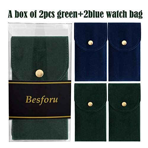 Besforu 4PCS Watch Travel Case for Men and Women Portable Velvet Watch Pouch Watch Storage Bag and Organizer (2GREEN+2BLUE) - Image 2