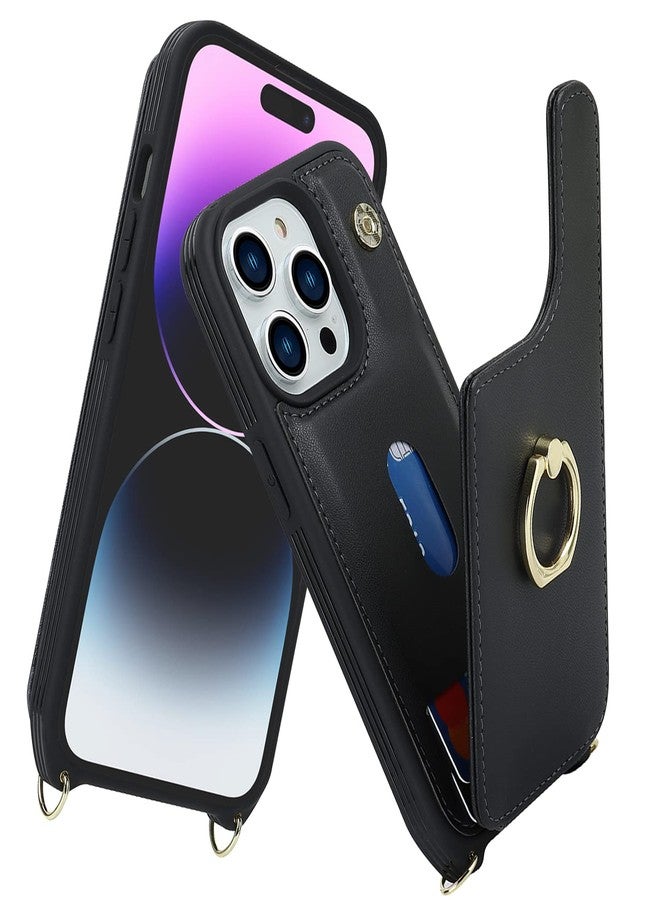 جراب Lipvina لهاتف iPhone 14 Pro Max مع حامل بطاقات للنساء، جراب هاتف iPhone 14 Pro Max مع حزام، حبل تعليق، حامل حلقي، مشبك كبس، حجب RFID، جراب محفظة للهاتف 6.7 بوصة (أسود) - Image 2