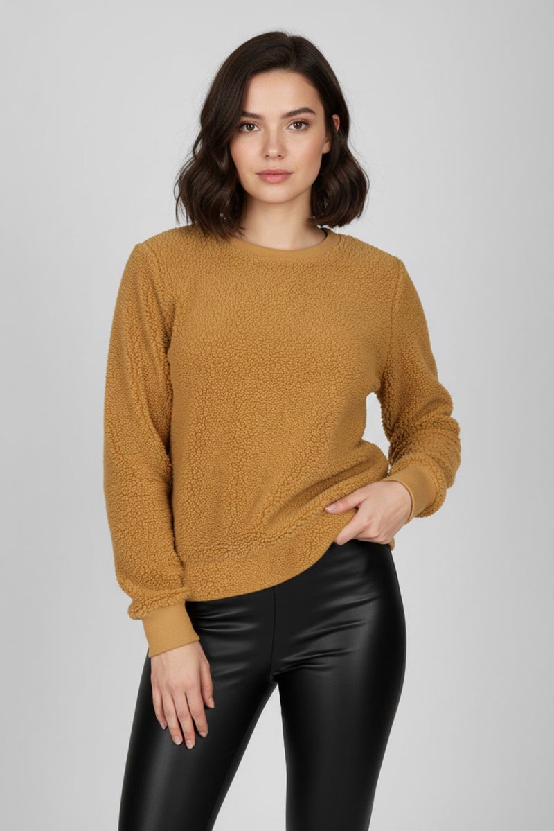 Style&Co Women Plus Size Textured Long Sleeve Sherpa Sweatshirt, Camel - Image 1