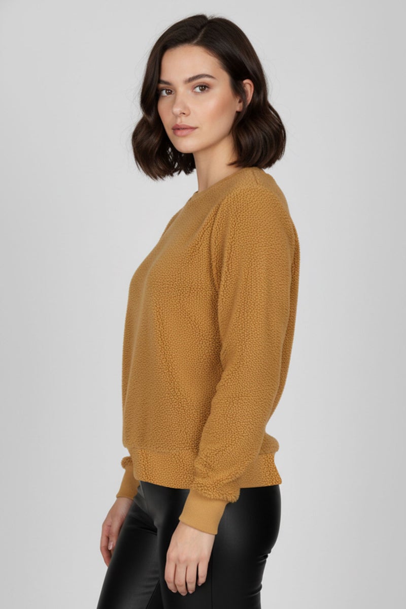 Style&Co Women Plus Size Textured Long Sleeve Sherpa Sweatshirt, Camel - Image 4