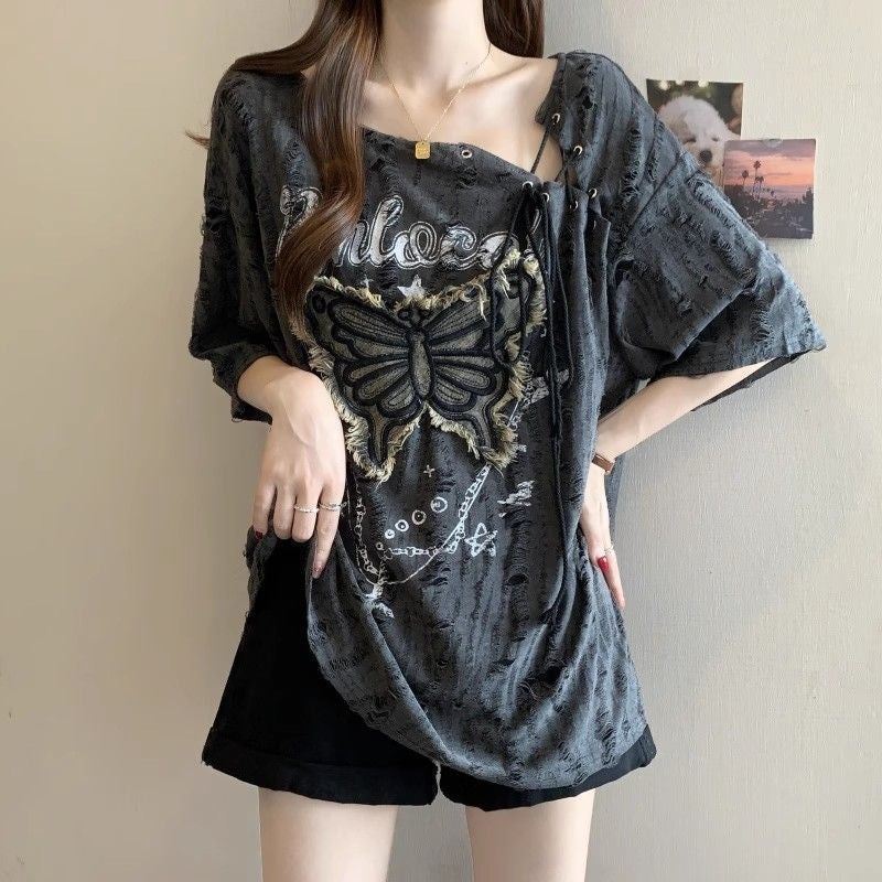 Plus Size American Retro Bow Off-Shoulder T-Shirt for Women - Image 2