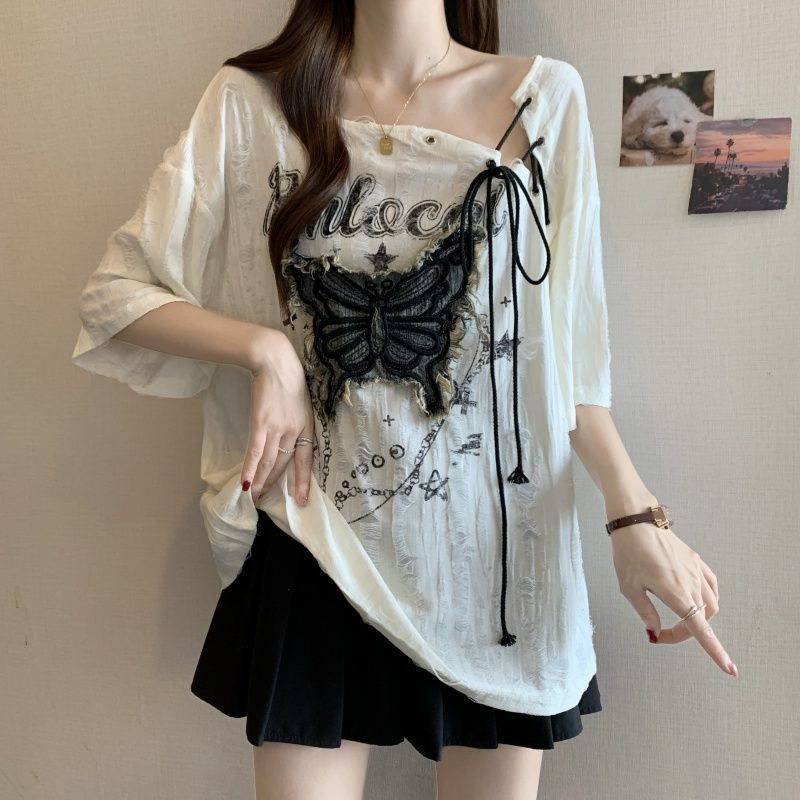 Plus Size American Retro Bow Off-Shoulder T-Shirt for Women - Image 1