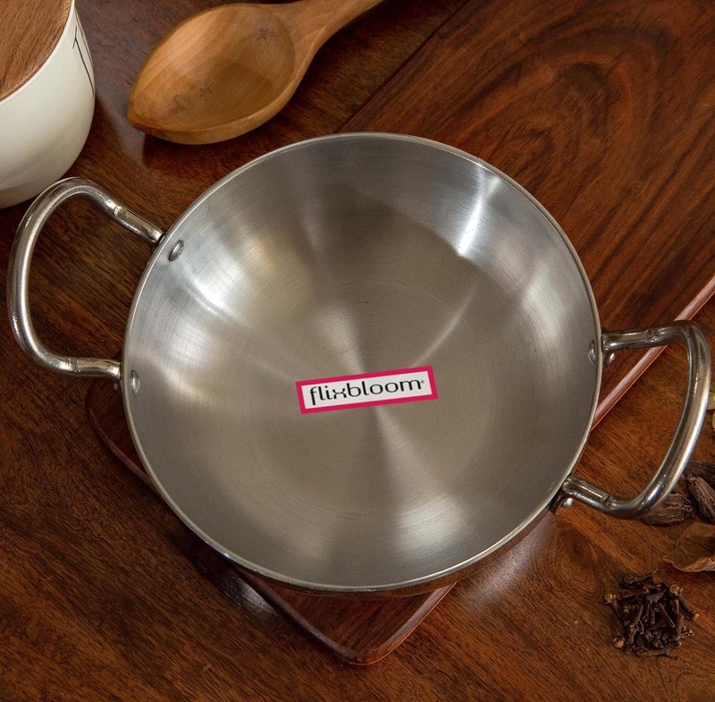 FLIXBLOOM Induction Cookware with Handle Cooking Utensil 4000ml with 4 mm Thickness Multipurpose Kadai for Deep Frying and Cooking Silver Kadai with Lid 4 Litre Karahi - Image 2