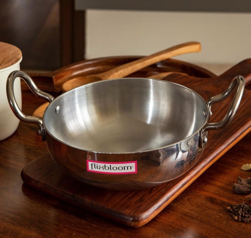 FLIXBLOOM Induction Cookware with Handle Cooking Utensil 4000ml with 4 mm Thickness Multipurpose Kadai for Deep Frying and Cooking Silver Kadai with Lid 4 Litre Karahi - Image 4