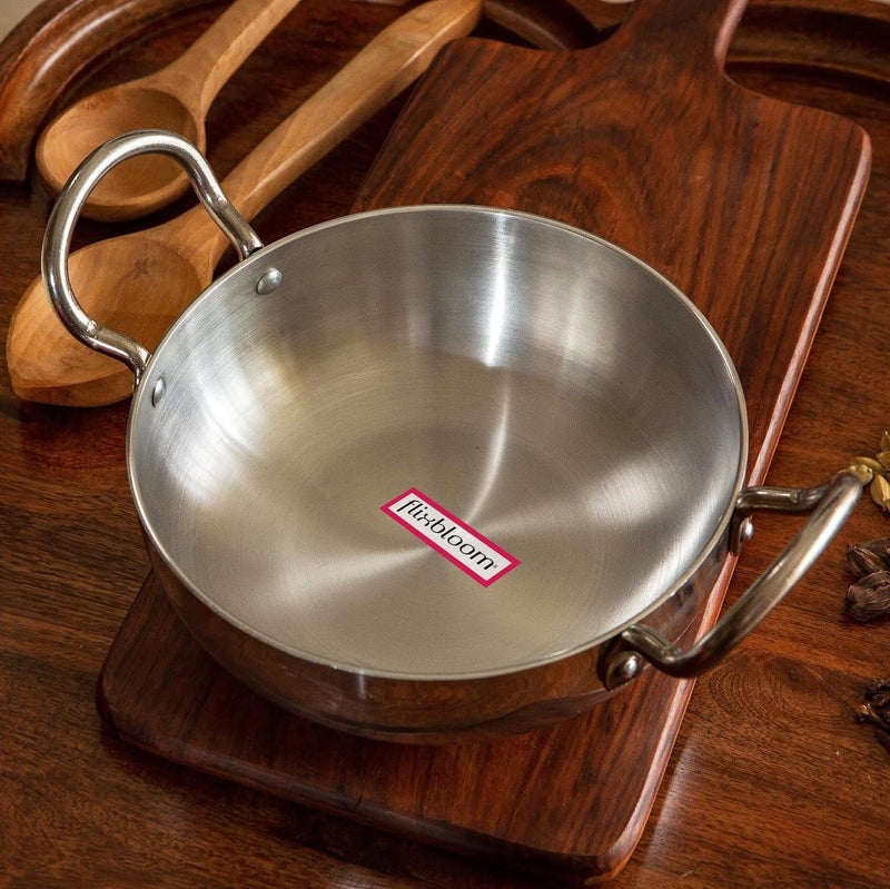 FLIXBLOOM Induction Cookware with Handle Cooking Utensil 4000ml with 4 mm Thickness Multipurpose Kadai for Deep Frying and Cooking Silver Kadai with Lid 4 Litre Karahi - Image 3