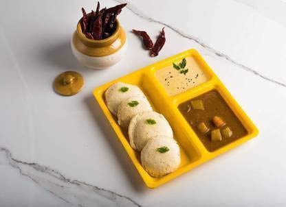 Everbuy® Food-Grade Virgin (Microwave-Safe) 3-Compartments Divided-Dinner Plate,Color-Yellow, Pack of 2 (Made in India) - Image 1