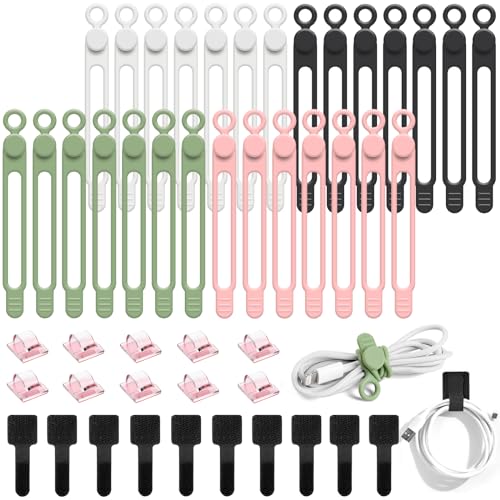 OneLeaf 48Pcs Silicone Cable Ties, Elastic Cord Ties for Cable Organizer, Reusable Wire Management, Cord Organizer Essentials, Multipurpose Cable Management for Travel/Portable/Office/Home Desk - Image 1